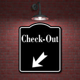 Check-Out 45 Degree Down Left Arrow BLACK Aluminum Composite Sign