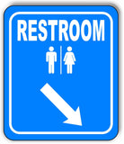 RESTROOM DIRECTIONAL 45 DEGREES DOWN RIGHT ARROW blue Aluminum composite sign
