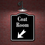 Coat Room 45 Degree Down Left Arrow BLACK Aluminum Composite Sign