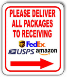 Please Deliver All Packages To Receiving RIGHT arrow outdoor Metal sign