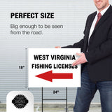 WEST VIRGINIA _FISHING LICENSES LEFT ARROW  Yard Sign w Stand LAWN SIGN Single