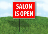 SALON IS OPEN RED Plastic Yard Sign ROAD SIGN with Stand