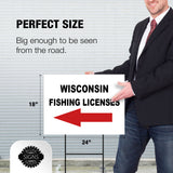 WISCONSIN _FISHING LICENSES LEFT ARROW RED  Yard Sign w Stand LAWN SIGN Single