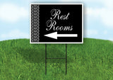 REST ROOMS LACE SIDE LEFT ARROW BLACK with Stand LAWN SIGN Single sided