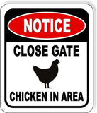 NOTICE CLOSE GATE CHICKEN IN AREA METAL Aluminum composite outdoor sign