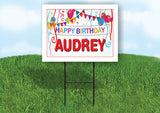 AUDREY HAPPY BIRTHDAY BALLOONS 18 in x 24 in Yard Sign Road Sign with Stand