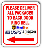Please Deliver All Packages To Back Door RING BELL Metal Aluminum composite sign
