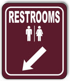 RESTROOMS DIRECTIONAL 45 DEGREES DOWN LEFT ARROW CAMPING Aluminum composite sign