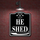 He Shed Workshop Hammer Saw BLACK Aluminum Composite Sign, 20"x24"